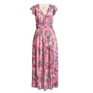 CIEBON Jennsen Ruched Flutter‎ Sleeve Maxi Dress In Pink Size Small Floral